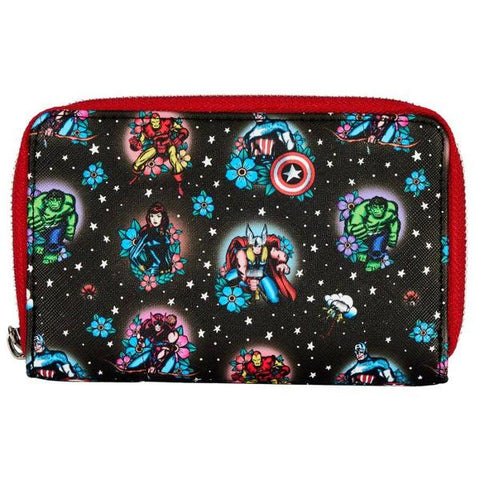 Image of Loungefly Marvel Comics - Avengers Floral Tattoo Zip Purse